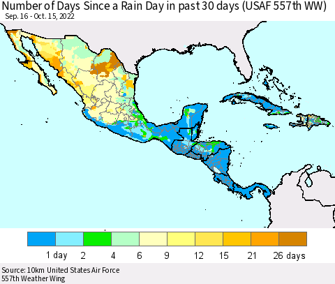 Mexico Central America and the Caribbean Number of Days Since a Rain Day in past 30 days (USAF 557th WW) Thematic Map For 10/11/2022 - 10/15/2022