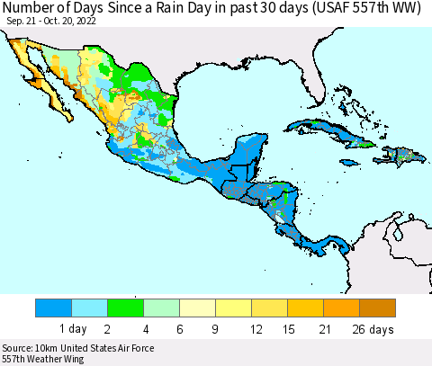 Mexico Central America and the Caribbean Number of Days Since a Rain Day in past 30 days (USAF 557th WW) Thematic Map For 10/16/2022 - 10/20/2022