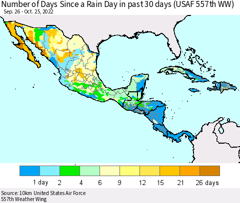 Mexico Central America and the Caribbean Number of Days Since a Rain Day in past 30 days (USAF 557th WW) Thematic Map For 10/21/2022 - 10/25/2022