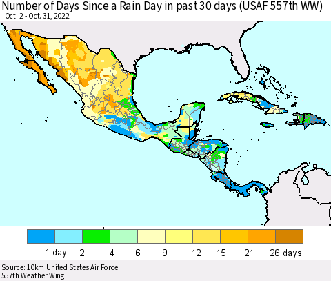 Mexico Central America and the Caribbean Number of Days Since a Rain Day in past 30 days (USAF 557th WW) Thematic Map For 10/26/2022 - 10/31/2022