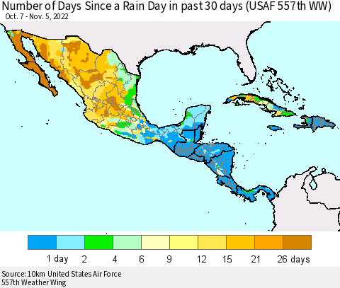 Mexico Central America and the Caribbean Number of Days Since a Rain Day in past 30 days (USAF 557th WW) Thematic Map For 11/1/2022 - 11/5/2022