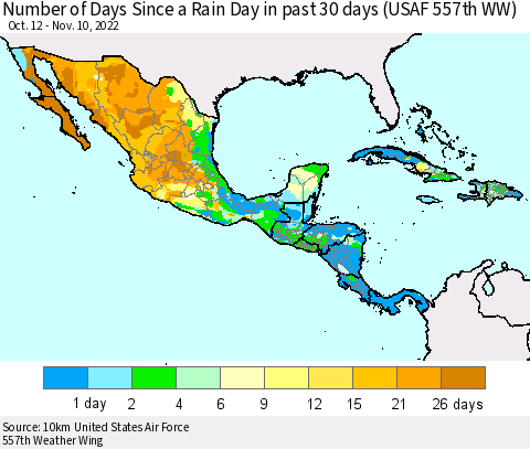 Mexico Central America and the Caribbean Number of Days Since a Rain Day in past 30 days (USAF 557th WW) Thematic Map For 11/6/2022 - 11/10/2022