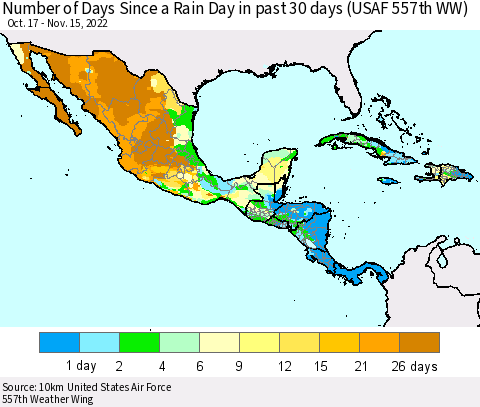 Mexico Central America and the Caribbean Number of Days Since a Rain Day in past 30 days (USAF 557th WW) Thematic Map For 11/11/2022 - 11/15/2022