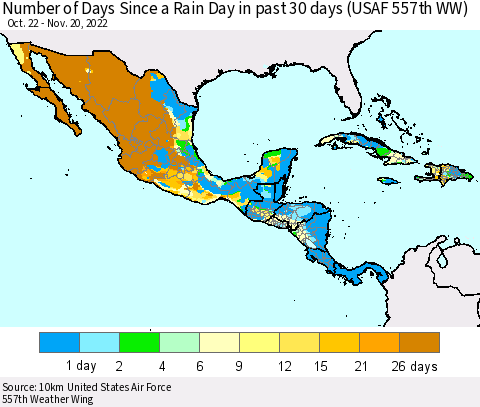 Mexico Central America and the Caribbean Number of Days Since a Rain Day in past 30 days (USAF 557th WW) Thematic Map For 11/16/2022 - 11/20/2022