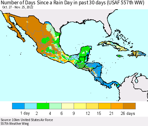 Mexico Central America and the Caribbean Number of Days Since a Rain Day in past 30 days (USAF 557th WW) Thematic Map For 11/21/2022 - 11/25/2022