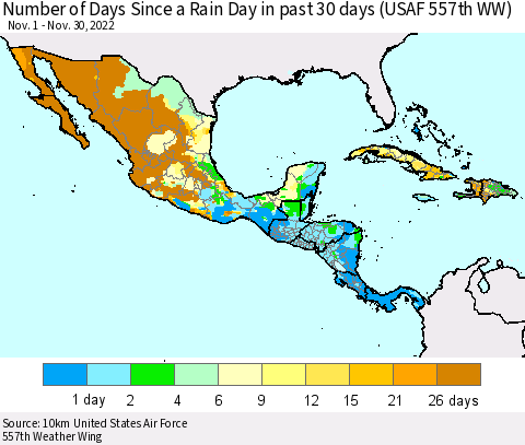Mexico Central America and the Caribbean Number of Days Since a Rain Day in past 30 days (USAF 557th WW) Thematic Map For 11/26/2022 - 11/30/2022
