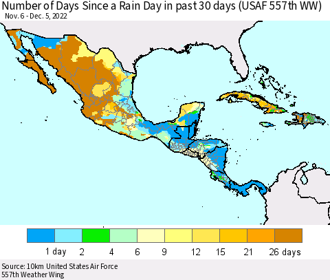 Mexico Central America and the Caribbean Number of Days Since a Rain Day in past 30 days (USAF 557th WW) Thematic Map For 12/1/2022 - 12/5/2022
