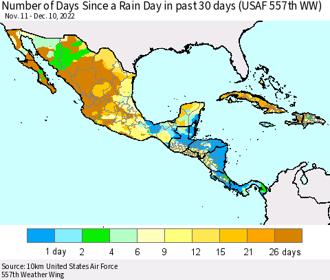 Mexico Central America and the Caribbean Number of Days Since a Rain Day in past 30 days (USAF 557th WW) Thematic Map For 12/6/2022 - 12/10/2022