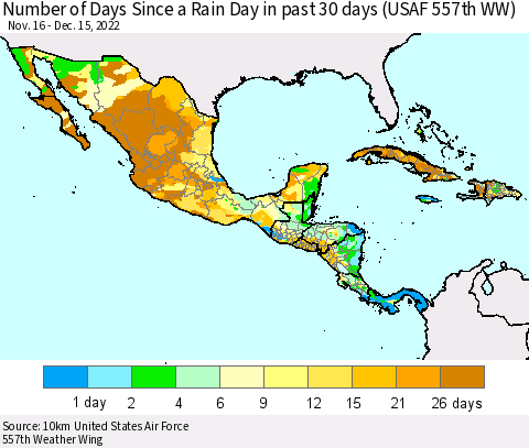 Mexico Central America and the Caribbean Number of Days Since a Rain Day in past 30 days (USAF 557th WW) Thematic Map For 12/11/2022 - 12/15/2022