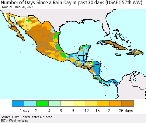 Mexico Central America and the Caribbean Number of Days Since a Rain Day in past 30 days (USAF 557th WW) Thematic Map For 12/16/2022 - 12/20/2022