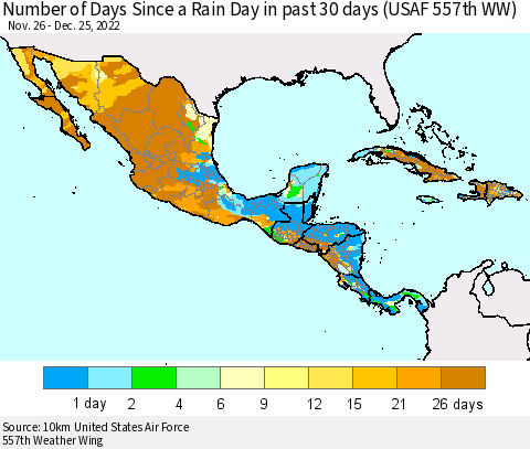 Mexico Central America and the Caribbean Number of Days Since a Rain Day in past 30 days (USAF 557th WW) Thematic Map For 12/21/2022 - 12/25/2022