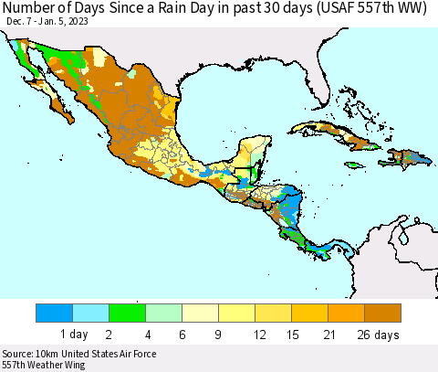 Mexico Central America and the Caribbean Number of Days Since a Rain Day in past 30 days (USAF 557th WW) Thematic Map For 1/1/2023 - 1/5/2023