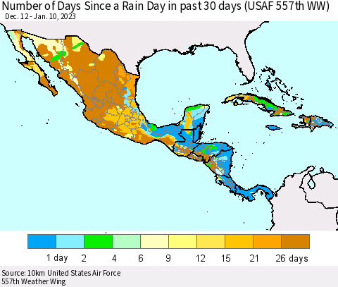 Mexico Central America and the Caribbean Number of Days Since a Rain Day in past 30 days (USAF 557th WW) Thematic Map For 1/6/2023 - 1/10/2023