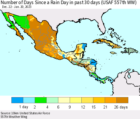 Mexico Central America and the Caribbean Number of Days Since a Rain Day in past 30 days (USAF 557th WW) Thematic Map For 1/16/2023 - 1/20/2023