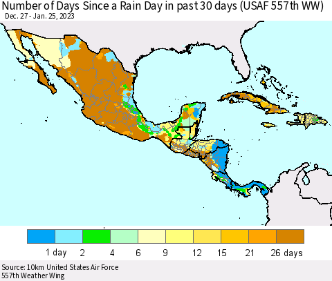 Mexico Central America and the Caribbean Number of Days Since a Rain Day in past 30 days (USAF 557th WW) Thematic Map For 1/21/2023 - 1/25/2023