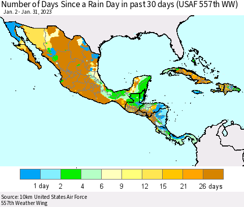 Mexico Central America and the Caribbean Number of Days Since a Rain Day in past 30 days (USAF 557th WW) Thematic Map For 1/26/2023 - 1/31/2023