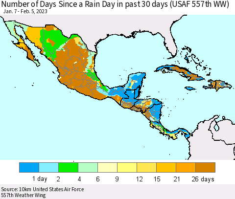 Mexico Central America and the Caribbean Number of Days Since a Rain Day in past 30 days (USAF 557th WW) Thematic Map For 2/1/2023 - 2/5/2023