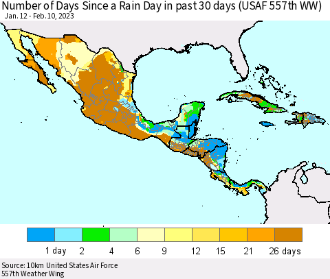 Mexico Central America and the Caribbean Number of Days Since a Rain Day in past 30 days (USAF 557th WW) Thematic Map For 2/6/2023 - 2/10/2023