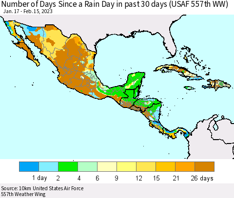 Mexico Central America and the Caribbean Number of Days Since a Rain Day in past 30 days (USAF 557th WW) Thematic Map For 2/11/2023 - 2/15/2023