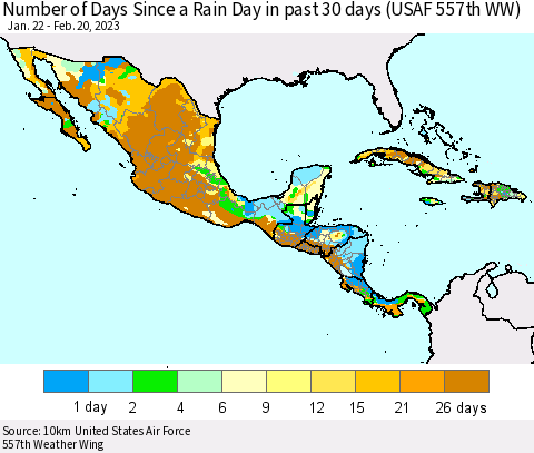 Mexico Central America and the Caribbean Number of Days Since a Rain Day in past 30 days (USAF 557th WW) Thematic Map For 2/16/2023 - 2/20/2023