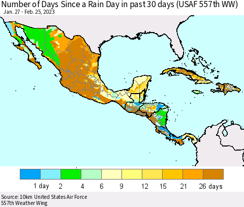 Mexico Central America and the Caribbean Number of Days Since a Rain Day in past 30 days (USAF 557th WW) Thematic Map For 2/21/2023 - 2/25/2023