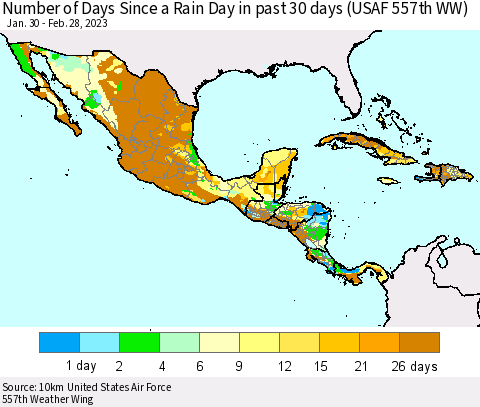 Mexico Central America and the Caribbean Number of Days Since a Rain Day in past 30 days (USAF 557th WW) Thematic Map For 2/26/2023 - 2/28/2023