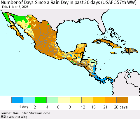 Mexico Central America and the Caribbean Number of Days Since a Rain Day in past 30 days (USAF 557th WW) Thematic Map For 3/1/2023 - 3/5/2023