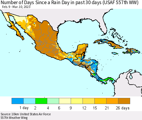 Mexico Central America and the Caribbean Number of Days Since a Rain Day in past 30 days (USAF 557th WW) Thematic Map For 3/6/2023 - 3/10/2023