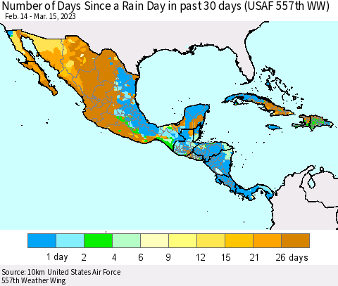 Mexico Central America and the Caribbean Number of Days Since a Rain Day in past 30 days (USAF 557th WW) Thematic Map For 3/11/2023 - 3/15/2023