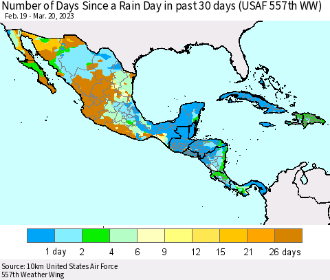 Mexico Central America and the Caribbean Number of Days Since a Rain Day in past 30 days (USAF 557th WW) Thematic Map For 3/16/2023 - 3/20/2023