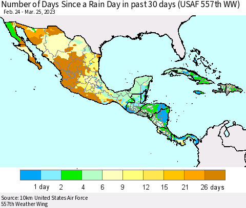 Mexico Central America and the Caribbean Number of Days Since a Rain Day in past 30 days (USAF 557th WW) Thematic Map For 3/21/2023 - 3/25/2023