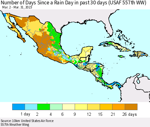 Mexico Central America and the Caribbean Number of Days Since a Rain Day in past 30 days (USAF 557th WW) Thematic Map For 3/26/2023 - 3/31/2023