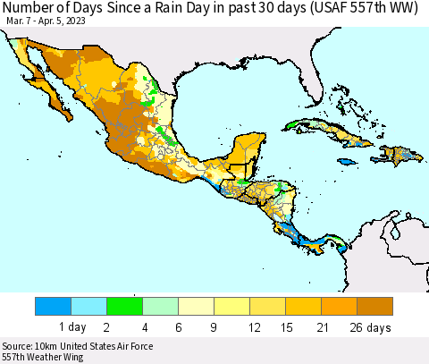 Mexico Central America and the Caribbean Number of Days Since a Rain Day in past 30 days (USAF 557th WW) Thematic Map For 4/1/2023 - 4/5/2023