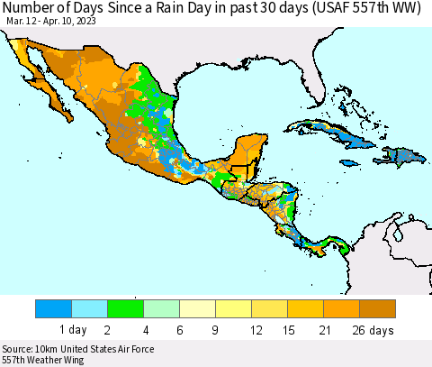 Mexico Central America and the Caribbean Number of Days Since a Rain Day in past 30 days (USAF 557th WW) Thematic Map For 4/6/2023 - 4/10/2023
