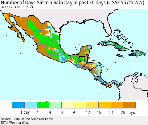Mexico Central America and the Caribbean Number of Days Since a Rain Day in past 30 days (USAF 557th WW) Thematic Map For 4/11/2023 - 4/15/2023