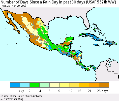 Mexico Central America and the Caribbean Number of Days Since a Rain Day in past 30 days (USAF 557th WW) Thematic Map For 4/16/2023 - 4/20/2023