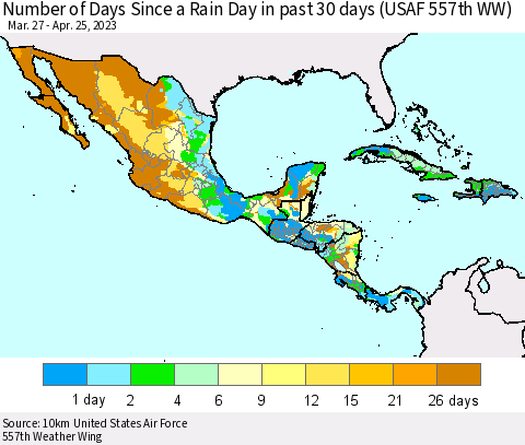 Mexico Central America and the Caribbean Number of Days Since a Rain Day in past 30 days (USAF 557th WW) Thematic Map For 4/21/2023 - 4/25/2023