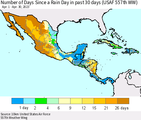 Mexico Central America and the Caribbean Number of Days Since a Rain Day in past 30 days (USAF 557th WW) Thematic Map For 4/26/2023 - 4/30/2023