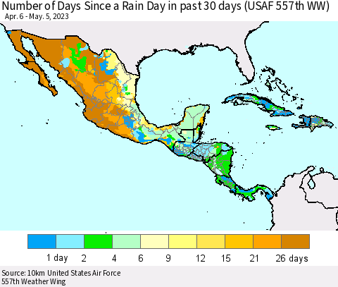 Mexico Central America and the Caribbean Number of Days Since a Rain Day in past 30 days (USAF 557th WW) Thematic Map For 5/1/2023 - 5/5/2023