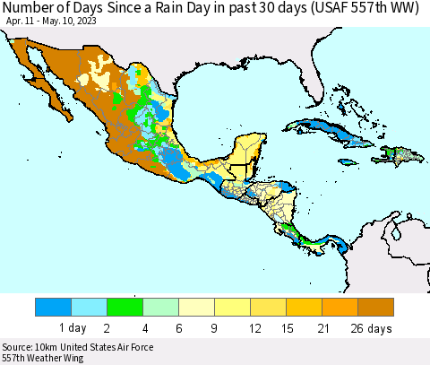 Mexico Central America and the Caribbean Number of Days Since a Rain Day in past 30 days (USAF 557th WW) Thematic Map For 5/6/2023 - 5/10/2023