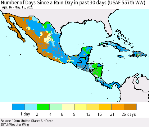 Mexico Central America and the Caribbean Number of Days Since a Rain Day in past 30 days (USAF 557th WW) Thematic Map For 5/11/2023 - 5/15/2023