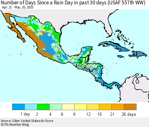 Mexico Central America and the Caribbean Number of Days Since a Rain Day in past 30 days (USAF 557th WW) Thematic Map For 5/16/2023 - 5/20/2023