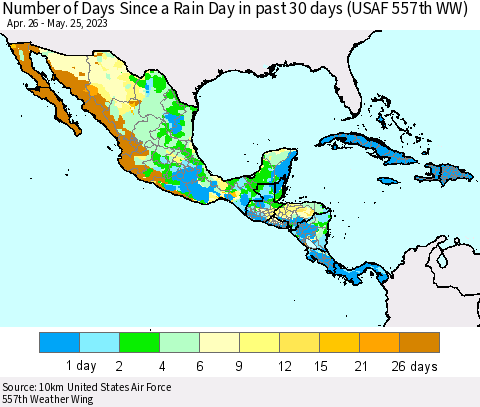 Mexico Central America and the Caribbean Number of Days Since a Rain Day in past 30 days (USAF 557th WW) Thematic Map For 5/21/2023 - 5/25/2023