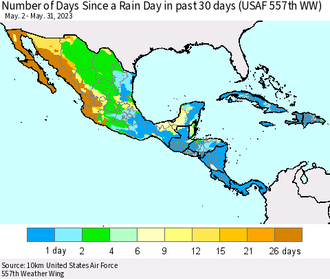 Mexico Central America and the Caribbean Number of Days Since a Rain Day in past 30 days (USAF 557th WW) Thematic Map For 5/26/2023 - 5/31/2023