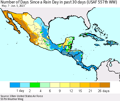 Mexico Central America and the Caribbean Number of Days Since a Rain Day in past 30 days (USAF 557th WW) Thematic Map For 6/1/2023 - 6/5/2023