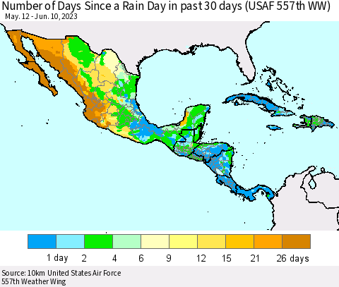 Mexico Central America and the Caribbean Number of Days Since a Rain Day in past 30 days (USAF 557th WW) Thematic Map For 6/6/2023 - 6/10/2023
