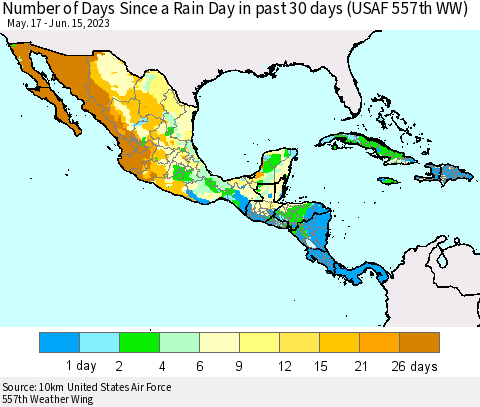 Mexico Central America and the Caribbean Number of Days Since a Rain Day in past 30 days (USAF 557th WW) Thematic Map For 6/11/2023 - 6/15/2023