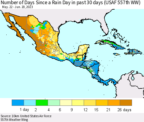 Mexico Central America and the Caribbean Number of Days Since a Rain Day in past 30 days (USAF 557th WW) Thematic Map For 6/16/2023 - 6/20/2023