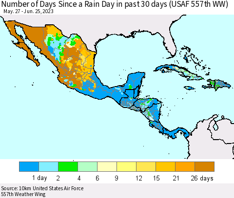 Mexico Central America and the Caribbean Number of Days Since a Rain Day in past 30 days (USAF 557th WW) Thematic Map For 6/21/2023 - 6/25/2023