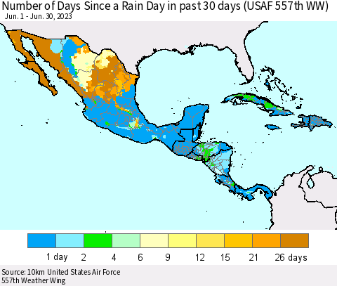 Mexico Central America and the Caribbean Number of Days Since a Rain Day in past 30 days (USAF 557th WW) Thematic Map For 6/26/2023 - 6/30/2023